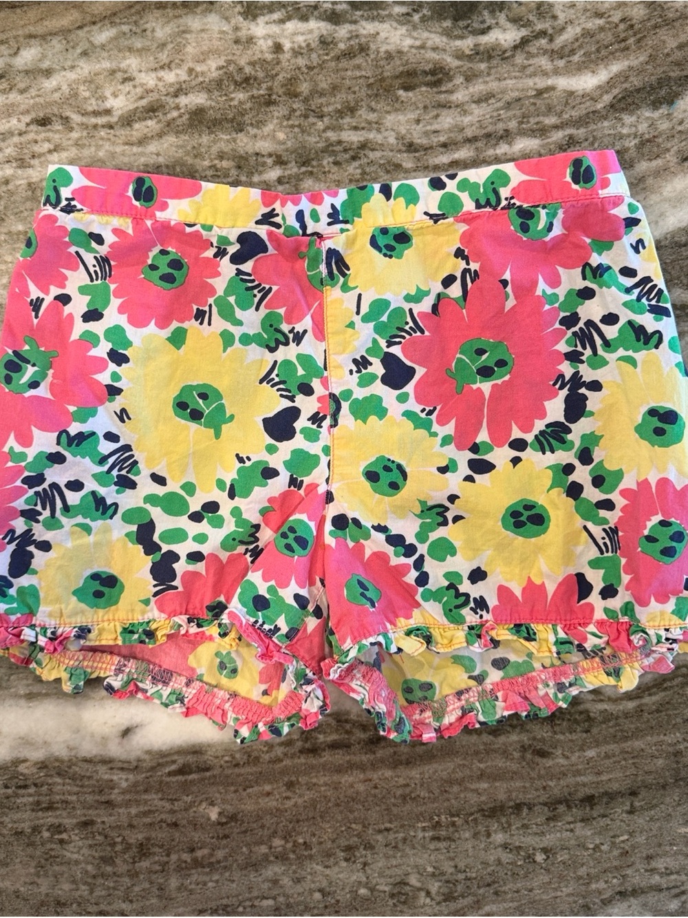 Girls Lilly Pulitzer Floral Ruffle Shorts in Yellow, Pink & Green